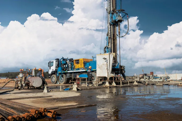 drilling rig close up construction site deep hole drilling extraction minerals oil gas working process