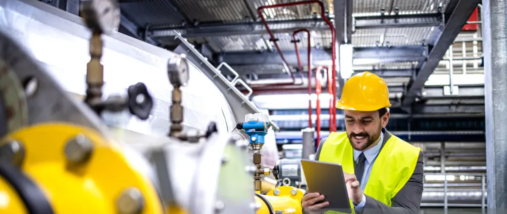 Production manager in elegant suit and reflective vest checking gas production in refinery or power plant.